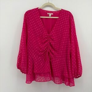 Cato Womens XL Fuchsia Pink Clip Dot Ruched Peplum Blouse V-Neck Balloon Sleeve